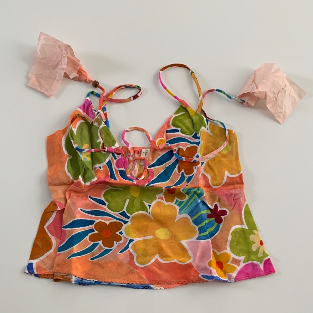 Spell | Margi Hour Bias Cami Small Paloma Floral Boho Lace Up Keyhole Top - Picture 5 of 10